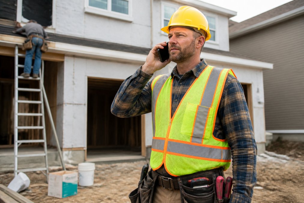 Tradesman in work gear on active job site communicating via smartphone with office staff visible on split-screen video call in background, natural daylight, professional setting