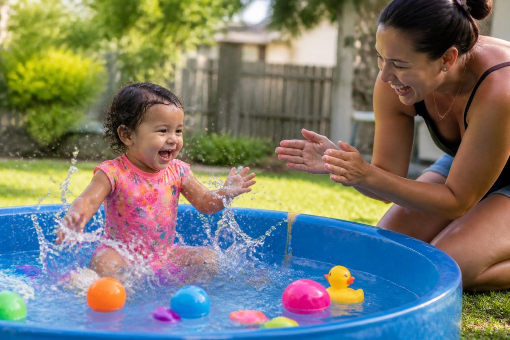 A young toddler sitting in a shallow, sunlit kiddie pool, laughing and splashing water with both hands while colorful floating toys bob around them. A parent kneels beside the pool, smiling and clapping, offering encouragement.