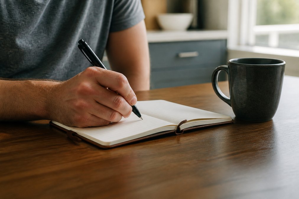 Close-up of a person's hand writing in a journal at a kitchen table, with a coffee mug nearby and natural daylight coming through a window