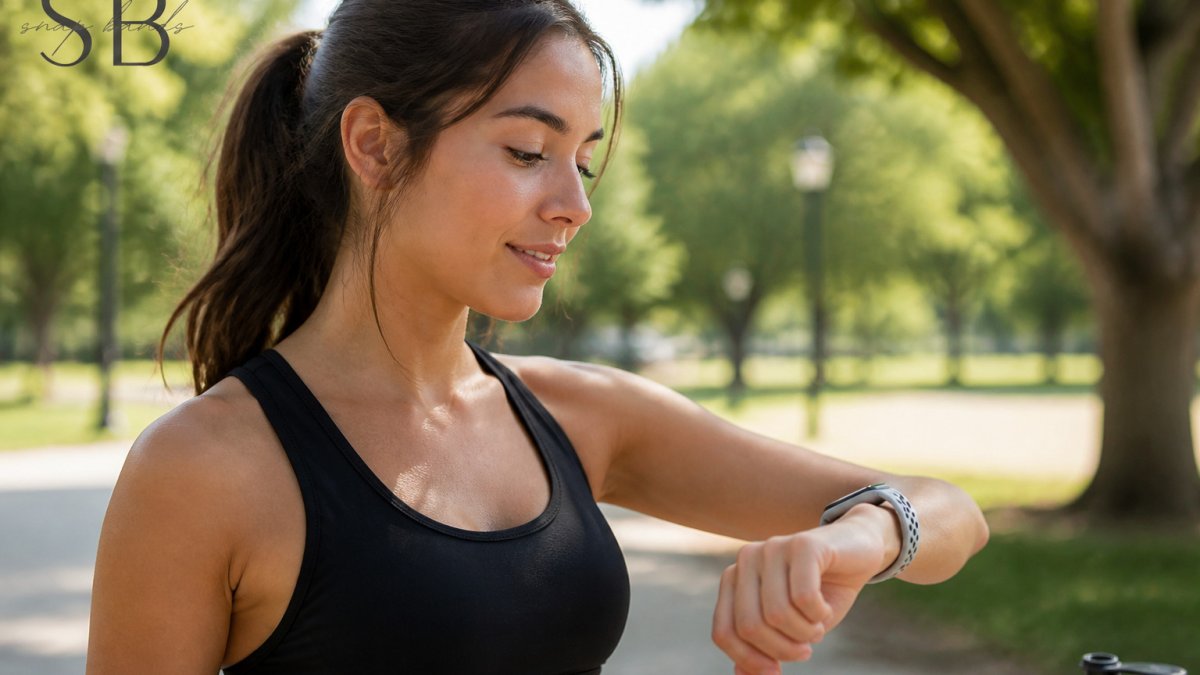 Woman checking a perforated fitness band on her wrist during a bright morning workout in a park