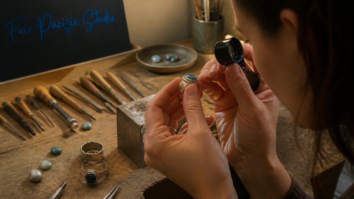 Jeweler inspecting the bezel and hallmark of artisan gemstone jewelry with a magnifying loupe