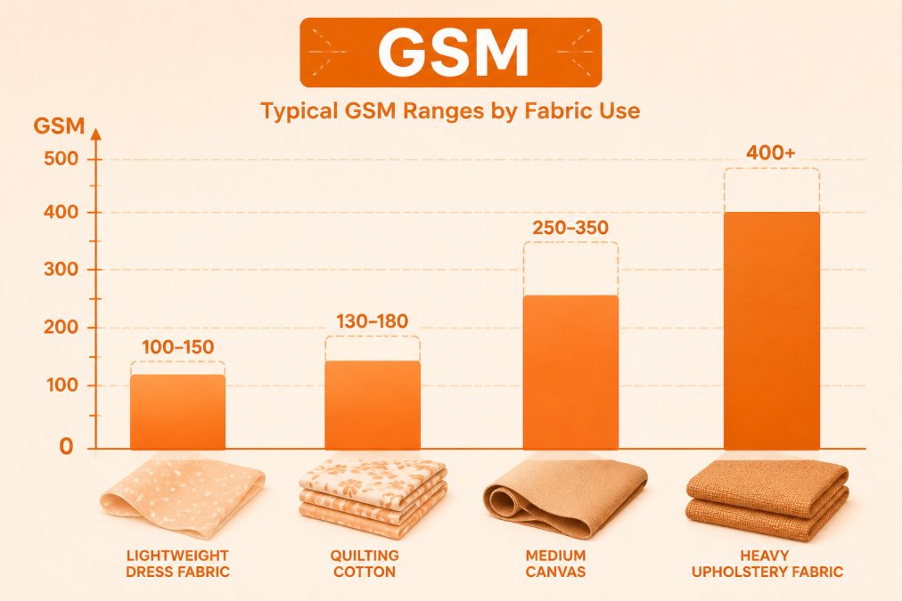 Bar chart comparing typical GSM ranges for dress fabric, quilting cotton, canvas, and upholstery materials.