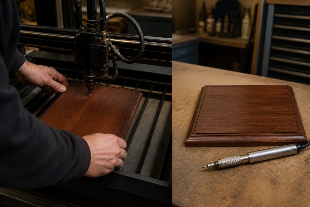 Close-up of a technician's hands guiding a laser engraving machine over a wooden award plaque, with a finished engraved plaque and a diamond drag tool resting on a workbench under warm shop lighting