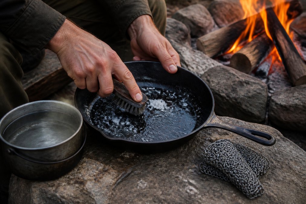 A camper's hands scrubbing a cast iron skillet with coarse salt and a stiff brush beside a campfire, with a small pot of hot water and a chainmail scrubber resting on a nearby log
