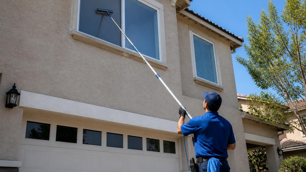 A professional window cleaner using an extension pole with a squeegee to reach second-story windows from the ground, wearing safety gear, bright daylight, suburban home exterior