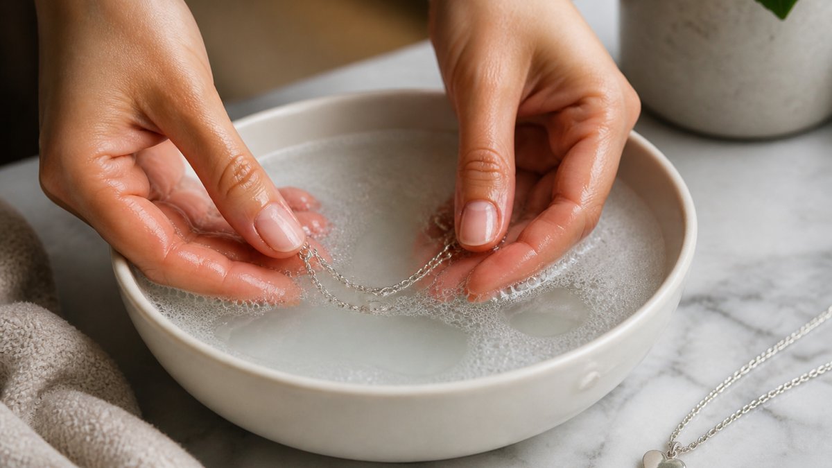 Hands gently washing a sterling silver necklace in a bowl of warm soapy water to clean sterling silver necklaces
