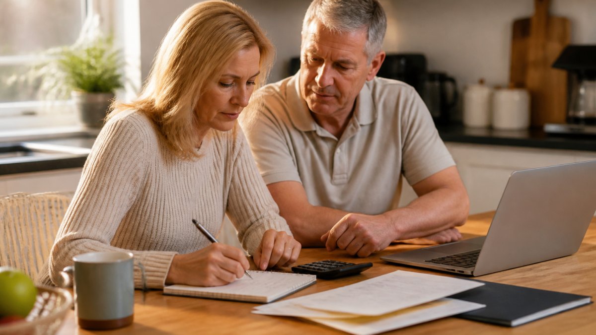 A couple in their late 50s sitting at a kitchen table with a laptop, notepad, and calculator, reviewing retirement income figures together in warm morning light