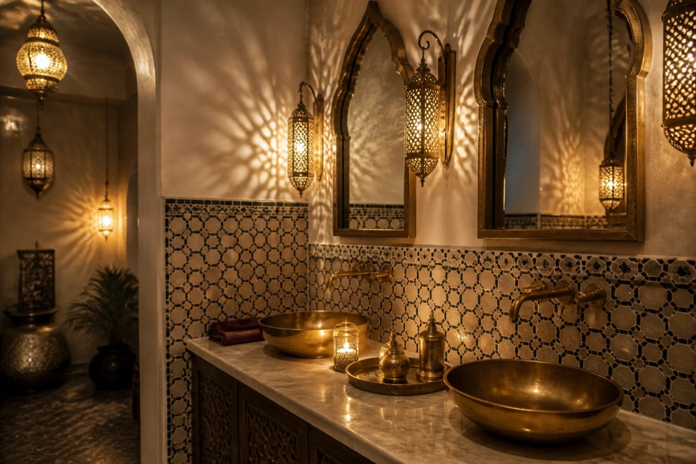 Luxurious bathroom interior with ornate brass Moroccan lanterns casting intricate geometric shadows across zellige tile walls, warm golden light reflecting off marble vanity and brass fixtures