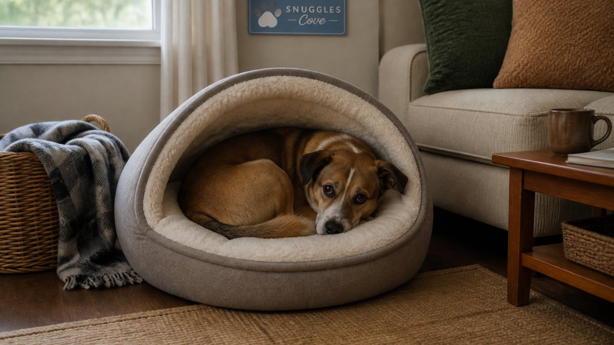 Anxious dog curled up in a plush hooded bed in a quiet, cozy living room corner with a soft blanket nearby