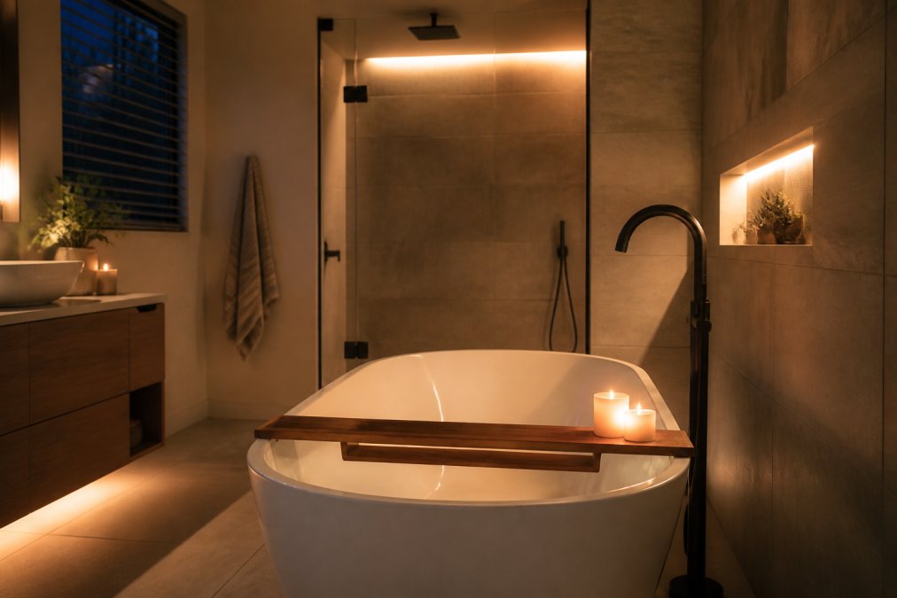 A serene bathroom with dimmable warm lighting, a freestanding tub, and lit candles on a wooden bath caddy, soft shadows across neutral tile