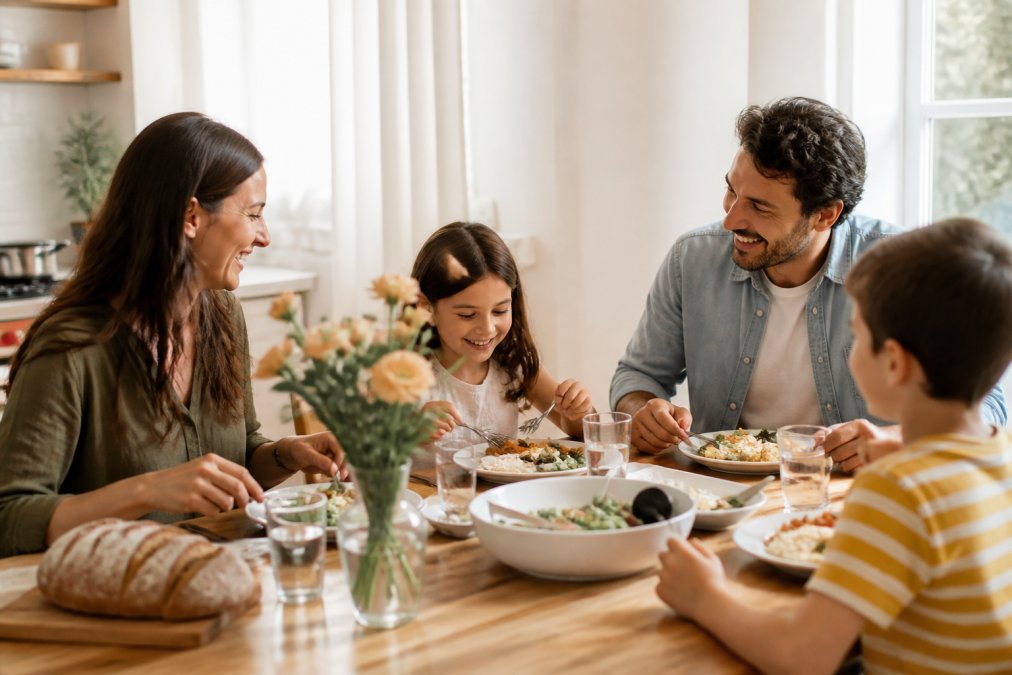 Family gathered around a wooden dining table sharing a meal together, warm natural light streaming through a window, simple white plates and fresh flowers in a vase, genuine smiling and engaged with each other