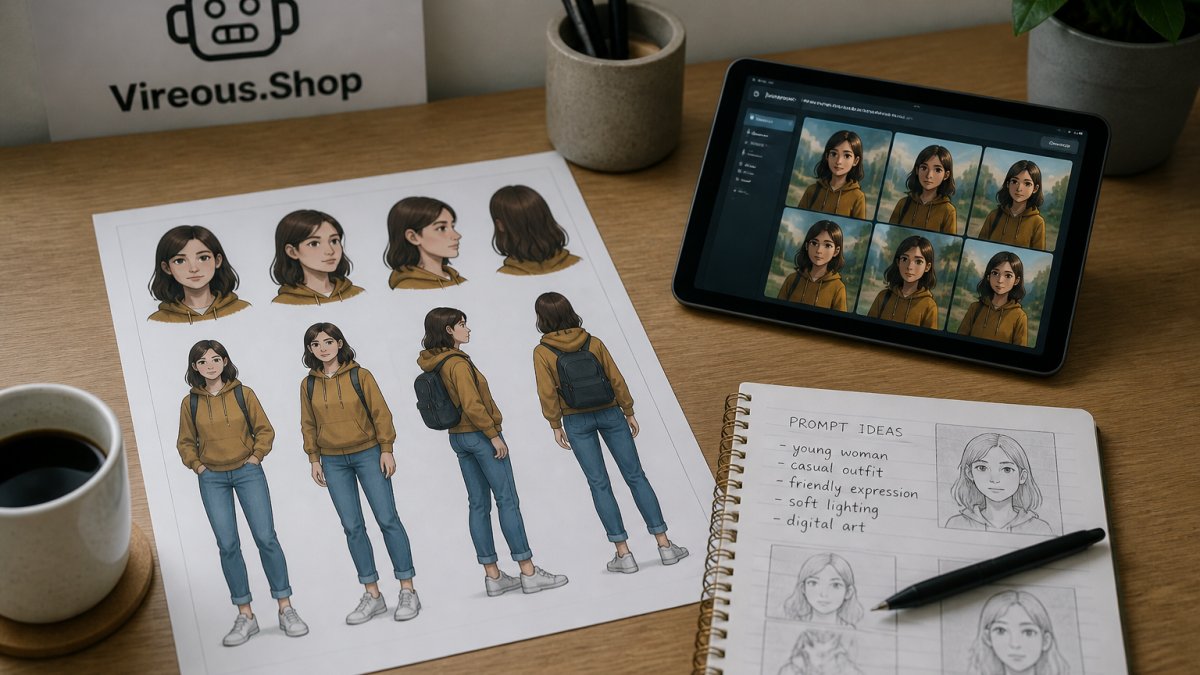 Desk workspace featuring a character reference sheet, digital tablet, and prompt notes for AI generation.