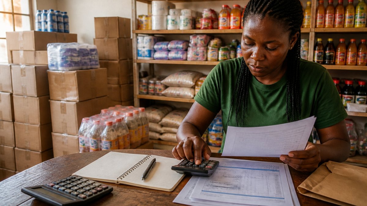 A small shop owner in a minimart reviewing a delivery of cartons and checking a clipboard, shelves partly stocked behind them