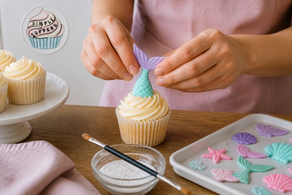 Close-up of a home baker's hands gently placing a colourful handmade sugar paste mermaid tail topper onto a swirl of buttercream on a cupcake, with a small tray of assorted edible toppers nearby on a wooden kitchen worktop