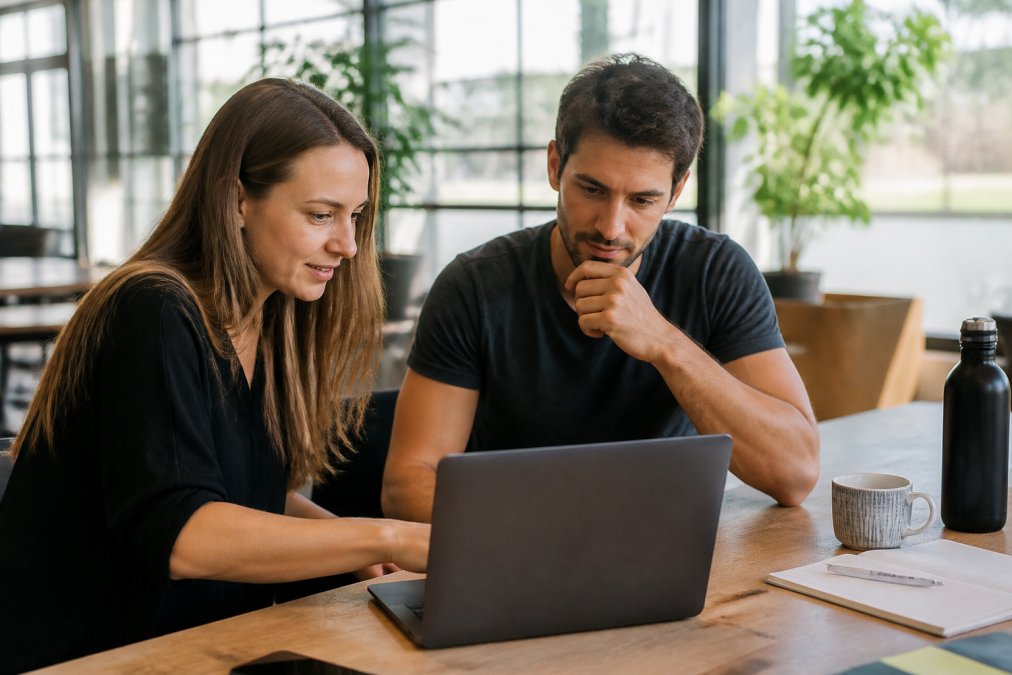 Founder and team member reviewing delegated task progress on laptop screen showing project management interface in modern office setting with natural light