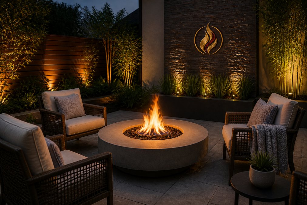Contemporary fire pit with warm flames glowing at dusk in a compact backyard patio, surrounded by comfortable seating arrangement and ambient lighting in the background