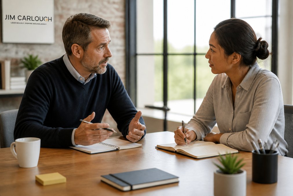A mid-level manager in a one-on-one conversation with a team member in a bright modern office, both leaning in attentively with notepads on the table