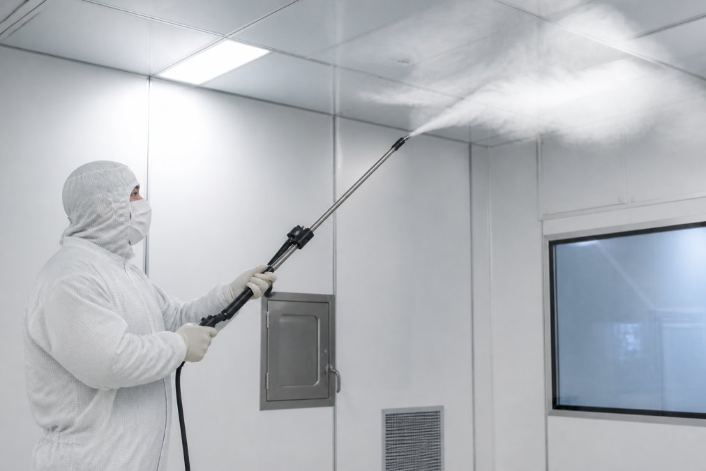 Cleanroom technician in full gowning attire holding a fog wand with support arm extender, directing neutrally-buoyant smoke toward ceiling-level zones with visible aerosol dispersion patterns under controlled LED lighting
