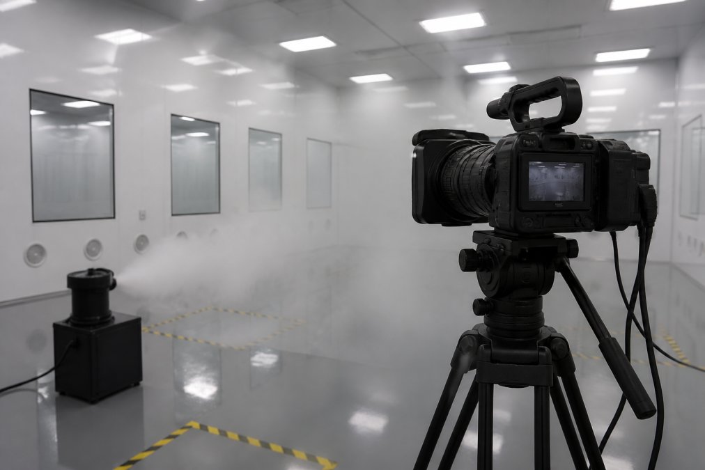 Professional-grade video camera mounted on stable tripod in cleanroom environment, capturing visible aerosol fog patterns with support equipment visible, cleanroom walls and critical zone markers in background with professional lighting setup