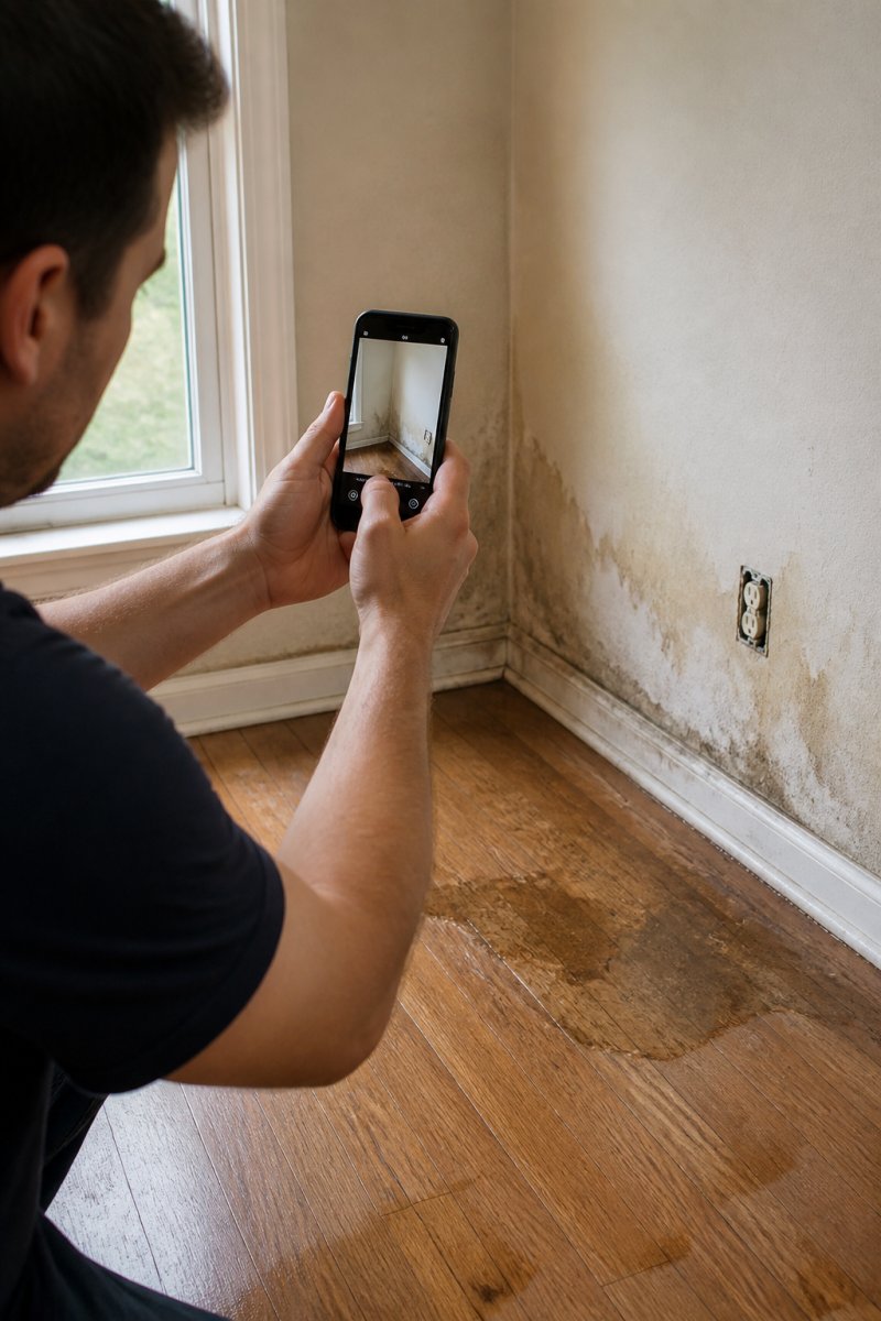 Homeowner photographing water-damaged walls and flooring with smartphone, capturing both close-up details of stains and wider room perspective in natural daylight
