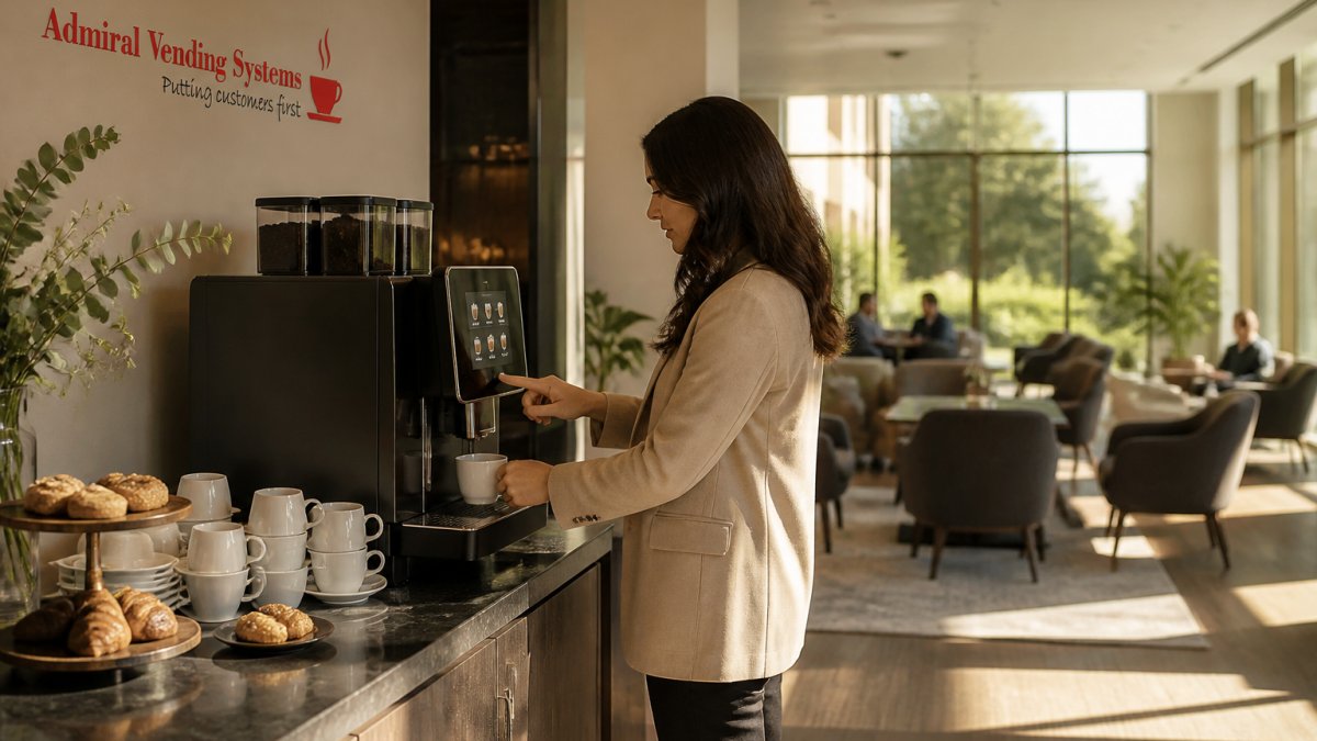 A welcoming hotel lobby coffee station with a bean to cup machine, ceramic cups, fresh pastries and a guest helping themselves in warm morning light