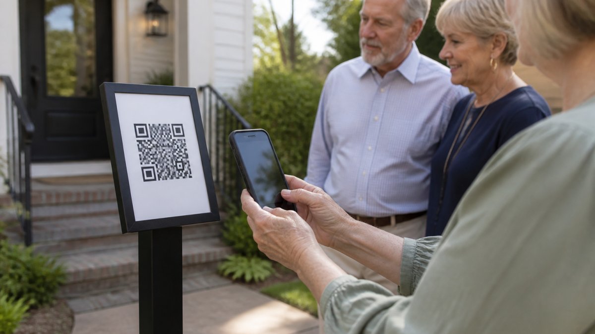 Real estate agent smiling to engage older home buyers at an open house entrance
