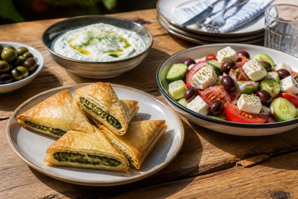 A rustic wooden table filled with traditional Greek side dishes, including a bowl of tzatziki, a plate of spanakopita triangles, and a vibrant horiatiki salad with feta and kalamata olives, shot in natural daylight