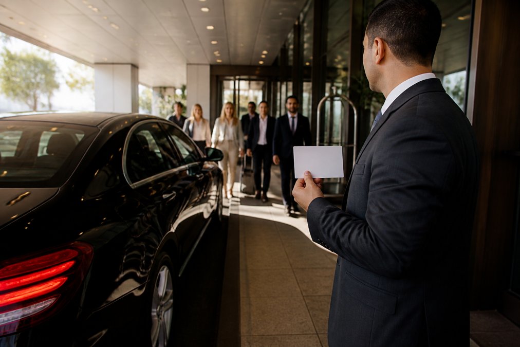 A chauffeur in a dark suit holding a discreet name card beside a black sedan at a quiet hotel side entrance, with guests approaching in the background