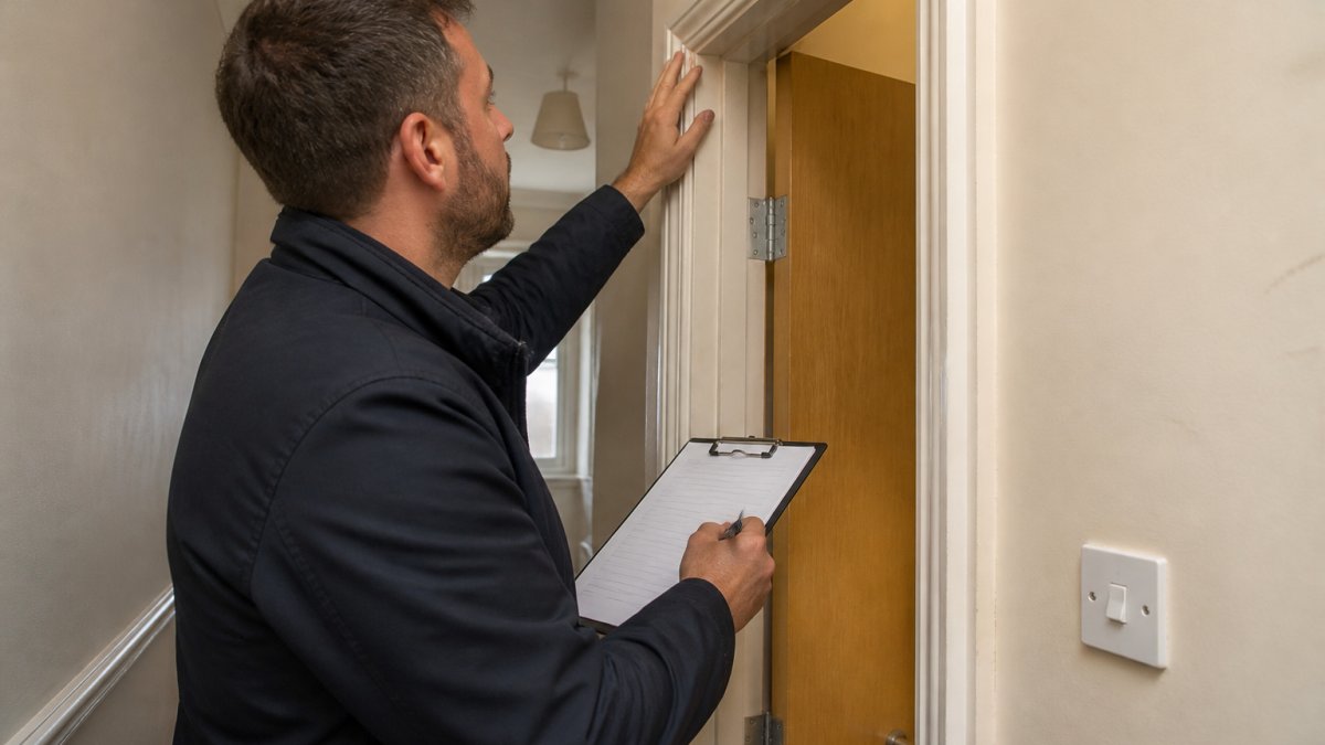 A landlord or property manager with a clipboard inspecting a hallway in a shared rental property, checking door frames and noting findings on a fire risk assessment form