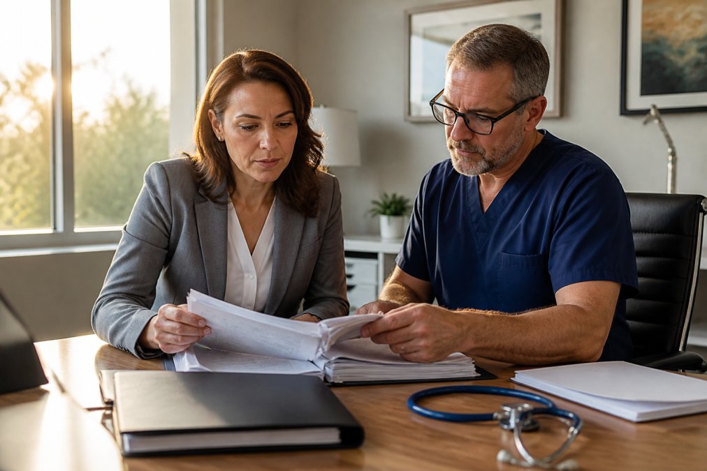 A healthcare practice manager and a compliance officer reviewing a printed compliance manual together at a desk in a bright, modern medical office, late afternoon light through the window