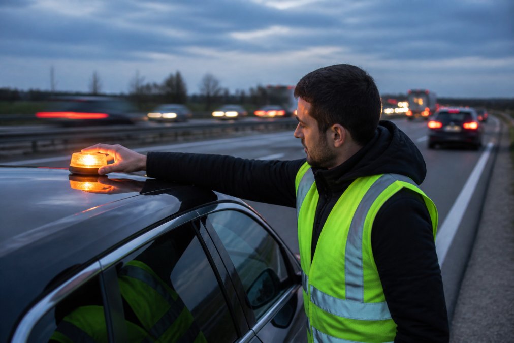 7 Ways to Ensure Vehicle Safety in Spain 2026 Driver placing a V-16 emergency beacon on a car roof to ensure vehicle safety in Spain 2026 on a busy motorway