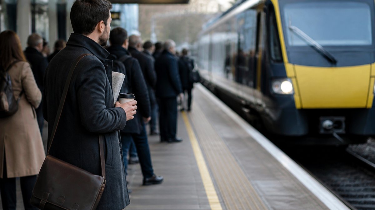 A commuter in a coat standing on a busy station platform at morning rush hour, checking a phone timetable app while a train pulls in
