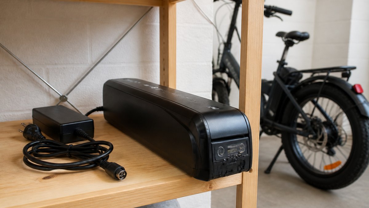 A detachable e-bike lithium battery resting on a shelf in a cool, dry indoor room, with a charging cable coiled nearby and a bicycle visible in the background
