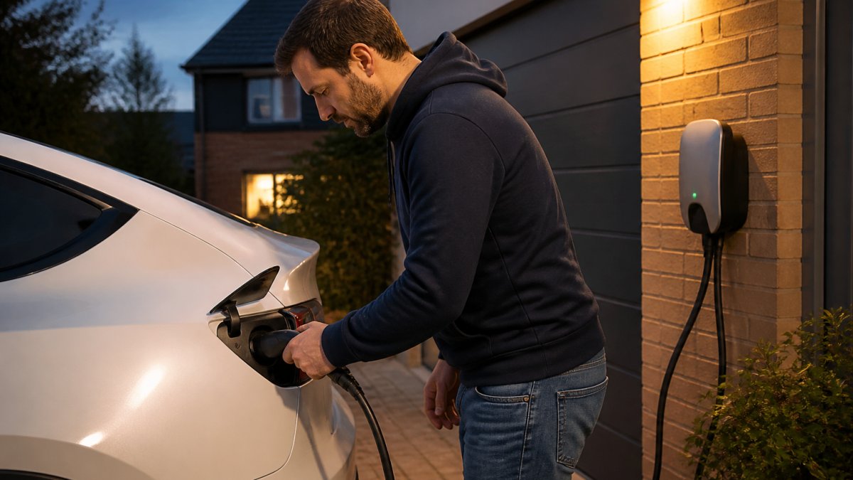 A UK homeowner plugging a Type 2 charging cable into an electric car on a residential driveway in the evening, with a home wallbox charger mounted on the garage wall