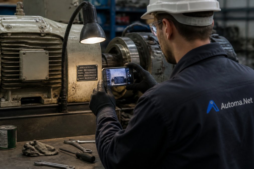 Maintenance technician in factory setting using smartphone to photograph a machine nameplate up close, focusing on clear capture of manufacturer, model number, and electrical specifications under bright work light