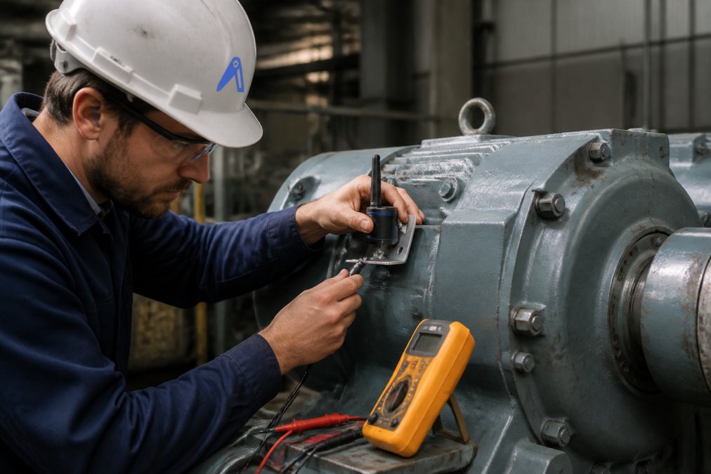 Maintenance technician in industrial workshop installing wireless vibration sensor on a large industrial gearbox, with multimeter and mounting bracket visible, natural factory lighting