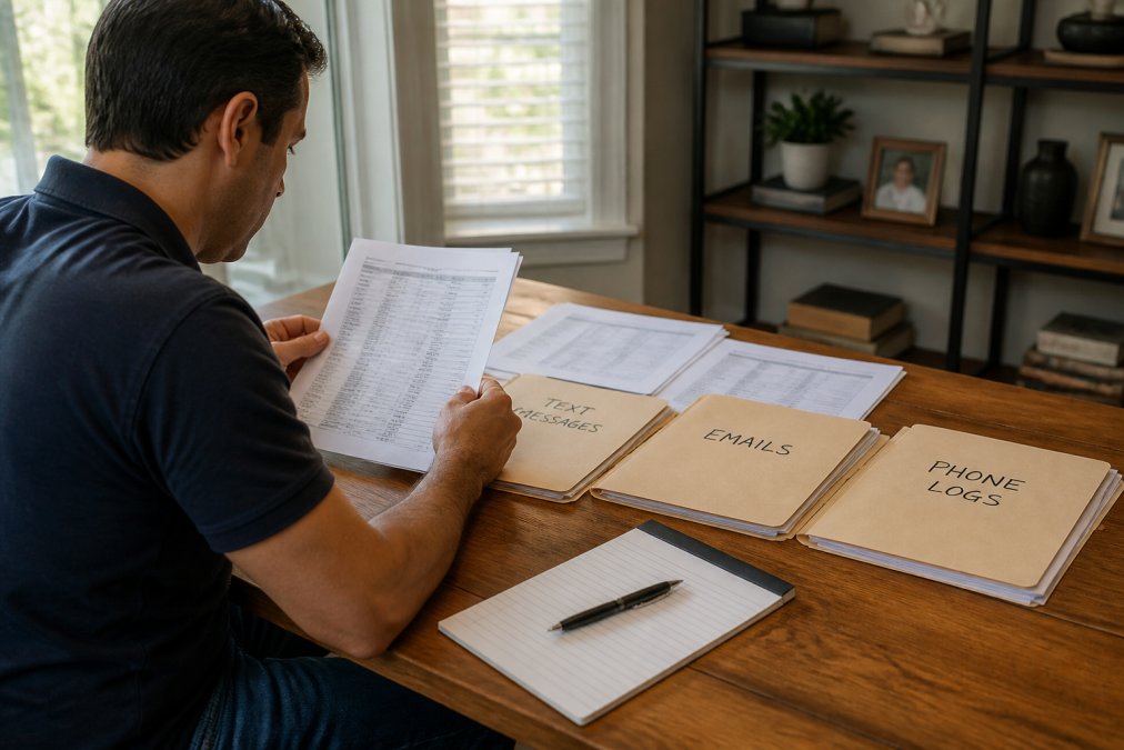 A person sitting at a wooden desk at home, organizing printed text message records, emails, and phone logs into labeled folders beside a laptop, with a legal pad and pen nearby