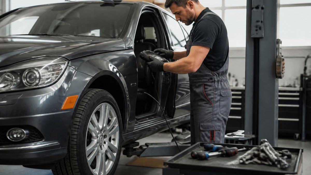Certified technician using diagnostic equipment on a sedan for European car mechanics in a repair bay