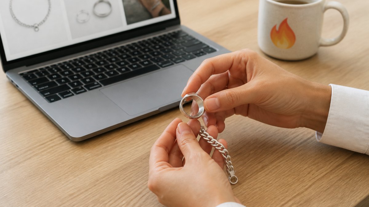 Step-by-step infographic showing how to inspect jewelry quality online by comparing digital product details
