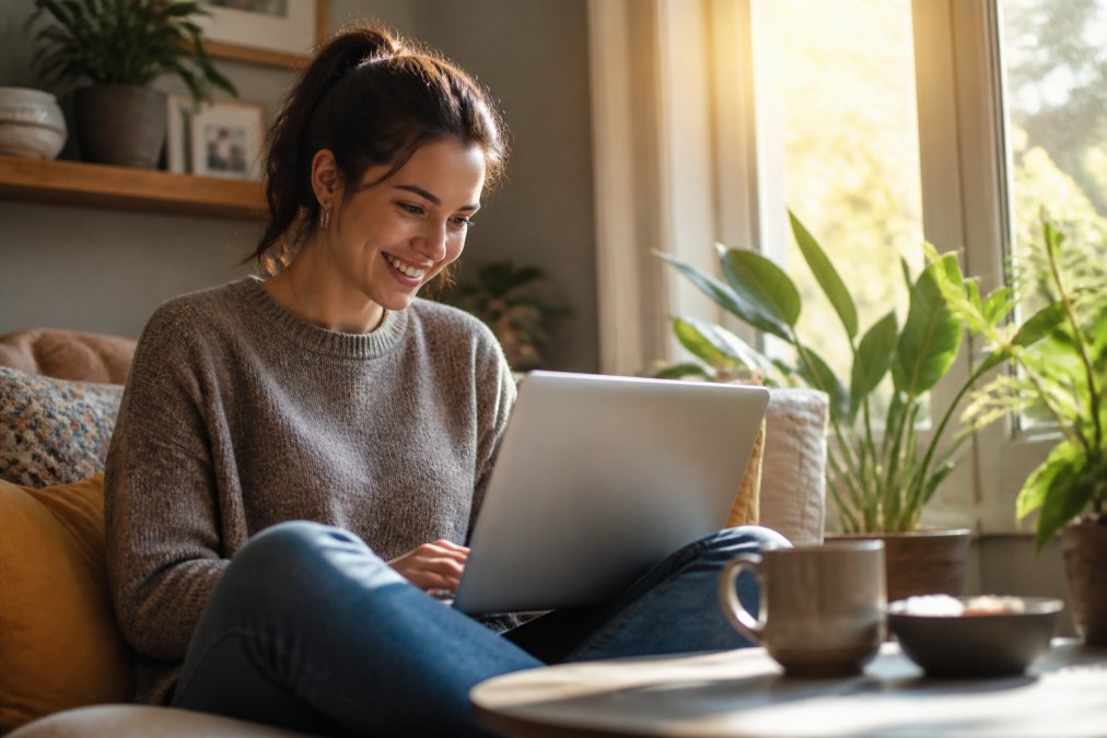 A person sitting in a cozy living room, smiling while scrolling through a community feed on their laptop, warm afternoon light through the window