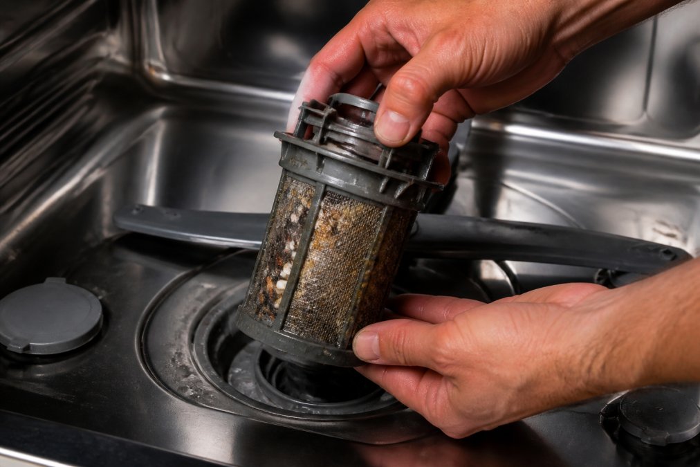 Close-up of hands removing a cylindrical dishwasher filter from the bottom of the tub, showing debris trapped in the mesh screen under bright kitchen lighting