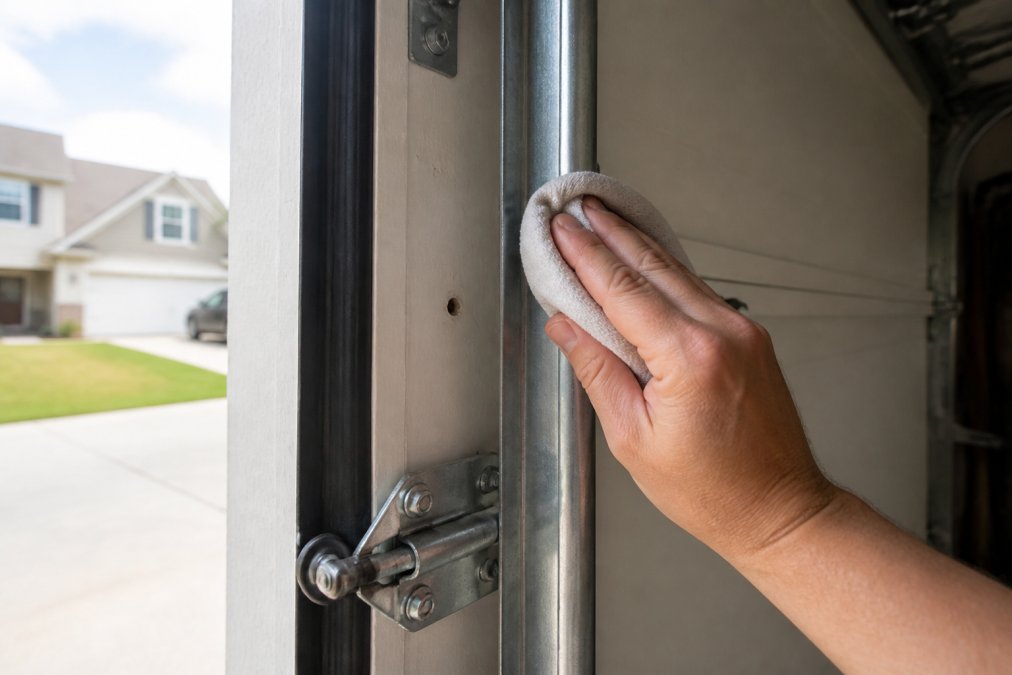 Close-up of a homeowner's hand wiping a garage door track clean with a damp rag, revealing the metal surface free of debris
