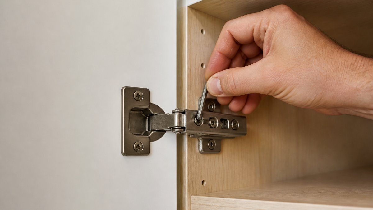 Professional hand holding an Allen key, adjusting a concealed cabinet hinge screw on an open cabinet door with natural workshop lighting