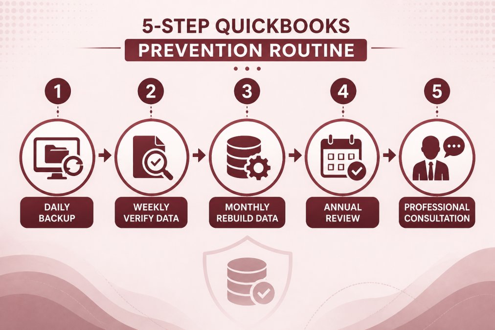 Flowchart of a 5-step QuickBooks prevention routine: 1. Daily automatic backup, 2. Weekly Verify Data scan, 3. Monthly Rebuild Data, 4. Annual file review, 5. Professional consultation