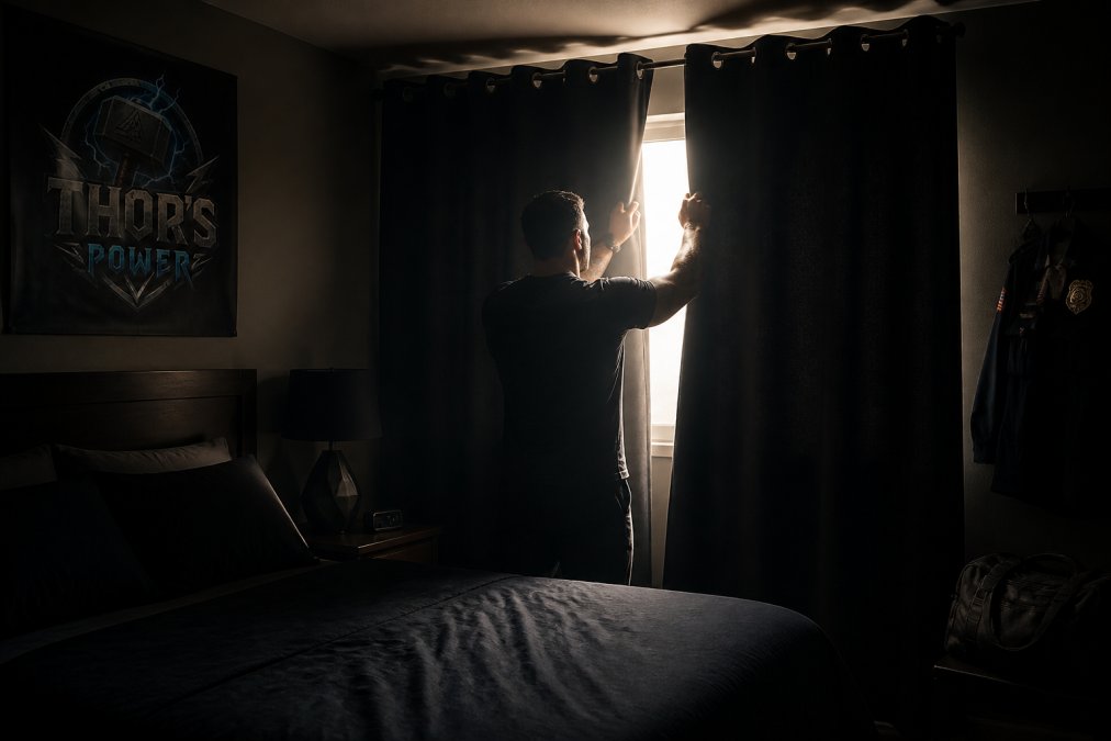A night shift worker in a dimly lit bedroom adjusting blackout curtains, with soft morning light bleeding through the edges, showing the moment they block out daylight before sleeping