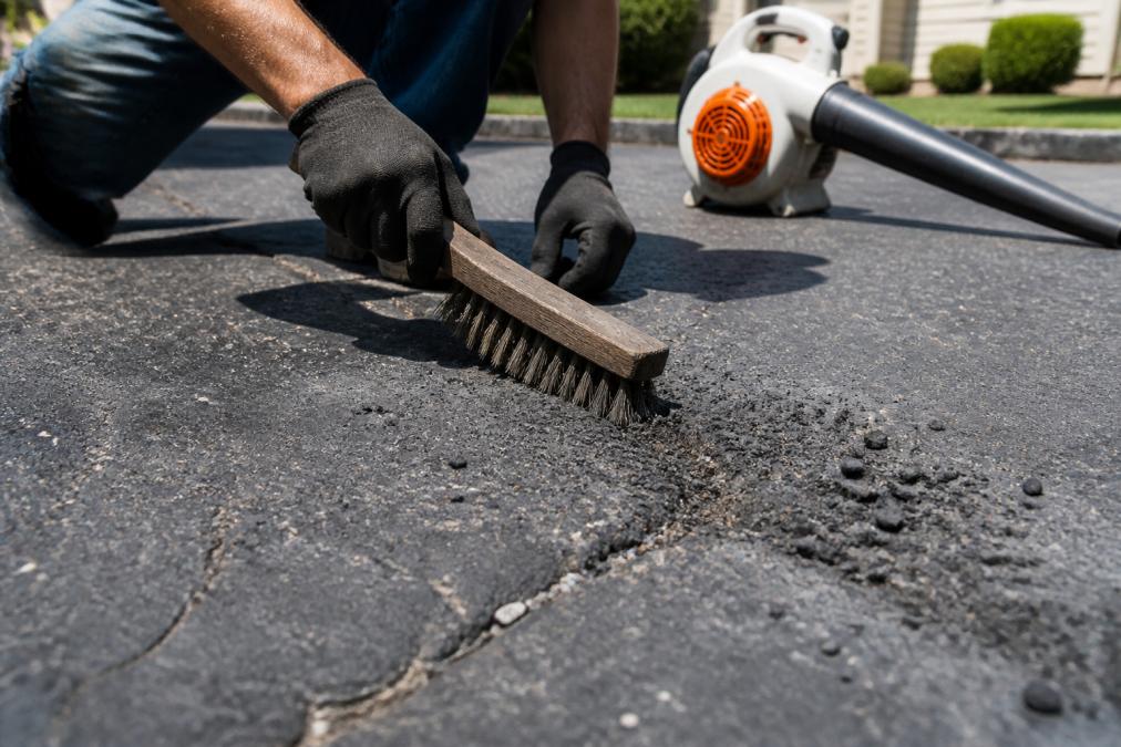 Close-up of a wire brush scrubbing debris from an asphalt crack in a residential driveway, with a leaf blower visible nearby and loose asphalt particles being cleared