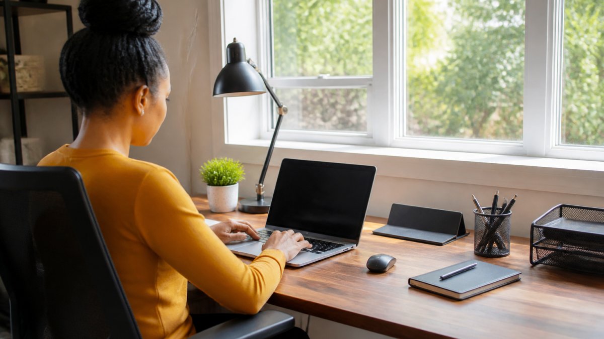 Professional working at an ergonomic desk to generate income without showing your face using automated software.