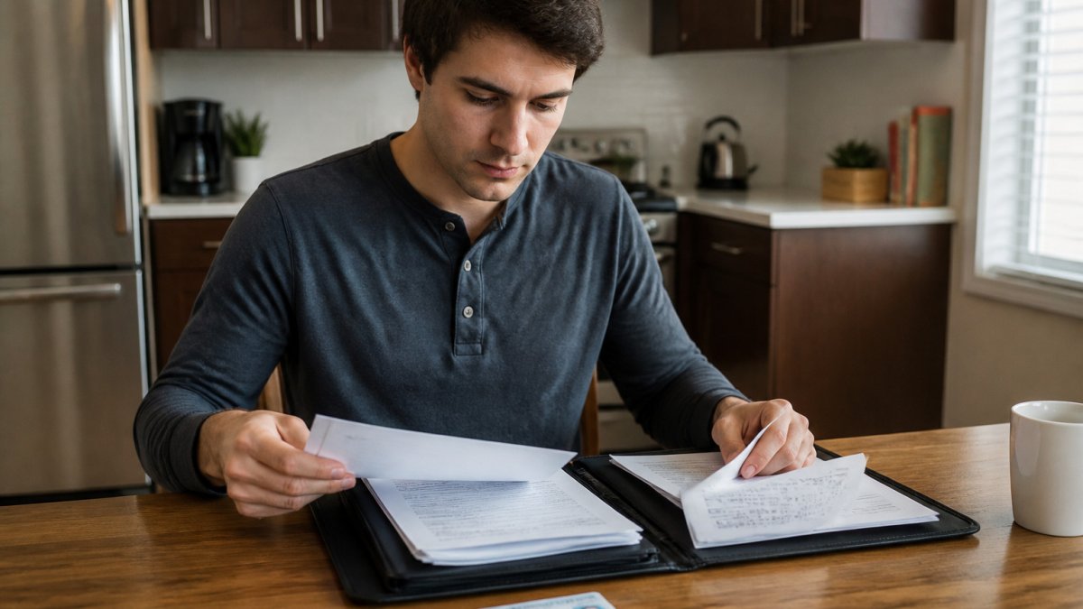 Checklist for a no credit car loan in Alberta, organizing pay stubs, ID, and utility bills for an application.