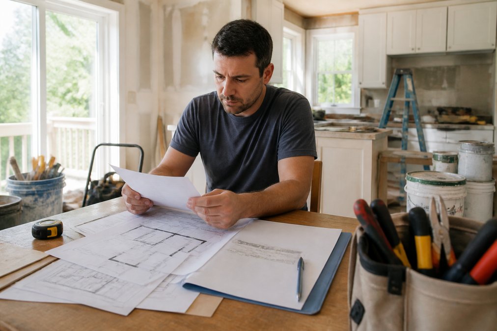 Real estate investor reviewing renovation plans and a financing term sheet at a kitchen table inside a property under construction, tools and paint cans visible in the background, natural window light