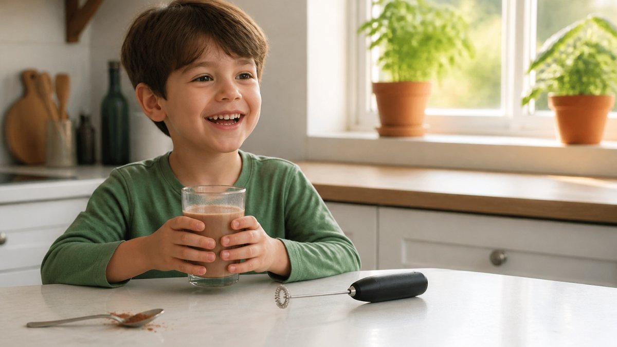 A young child holding a cup of chocolate milk with a milk frothing wand resting beside it on a kitchen counter, bright morning light, happy expression